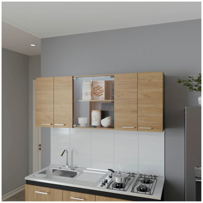 Natural Oak Wall Cabinet Kitchen in Melamine with 4-Door and Glass Storage