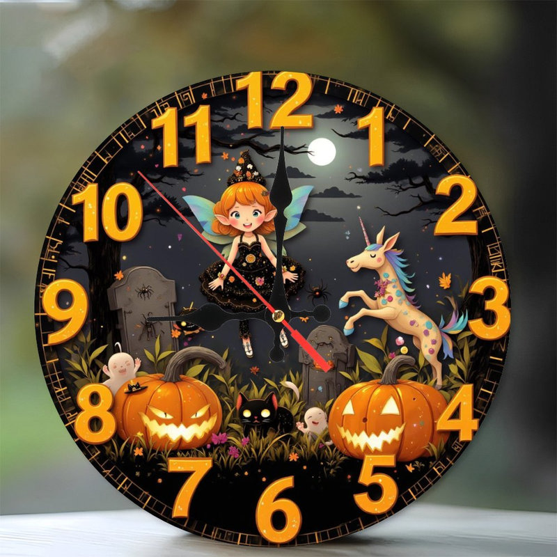 Horloge d'Halloween fée, licornes et citrouilles