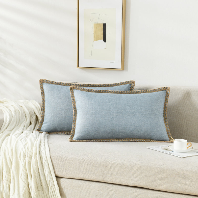 Farmhouse Trimmed Burlap Linen Polyester Pillow Cover, Light Blue, 14"H x 24"W, Rectangular