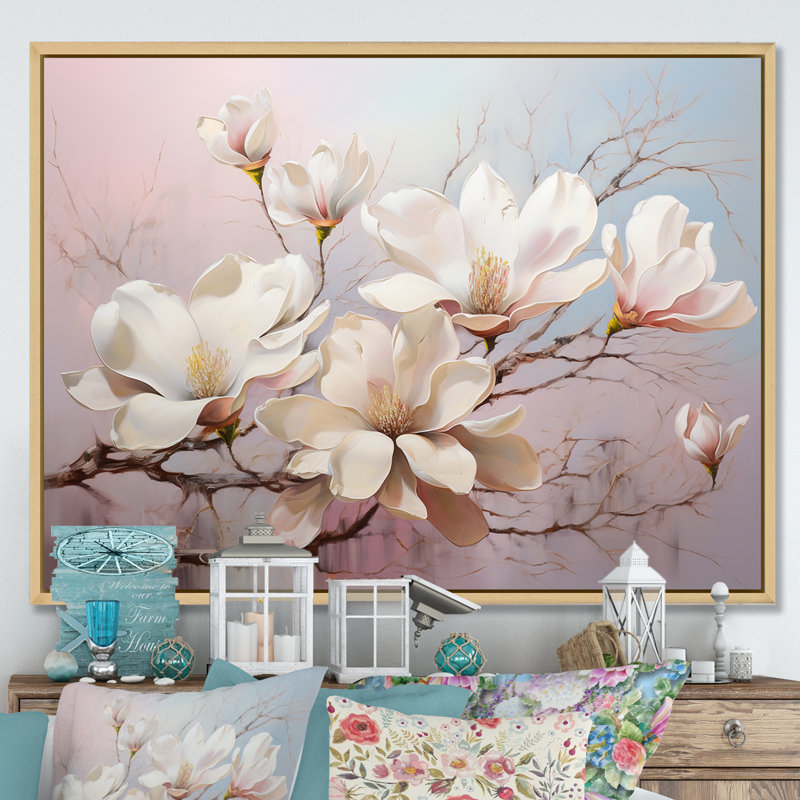 Sérénade de magnolias sur toile, H 30 po x l 40 po x P 1,5 po, Cadre naturel flottant