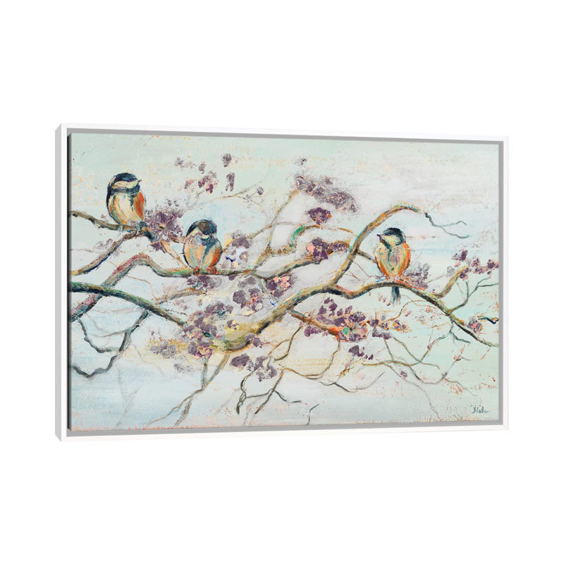 Birds on Cherry Blossom Branch 1 Piece Wall Art on Canvas, 101.6 cm H x 66.04 cm W, White Framed
