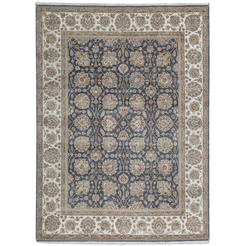 Tapis noir et ivoire de haute qualité noué à la main