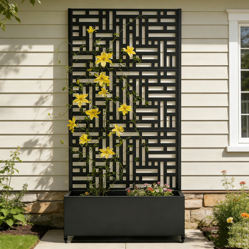 Outdoor Privacy Planter with Trellis – Metal Raised Garden Bed with Drainage Holes, Decorative Planter Wall Screen for Climbing Plants, Flowers & Vegetables, Modern Garden Divider for Patio, Balcony & Backyard