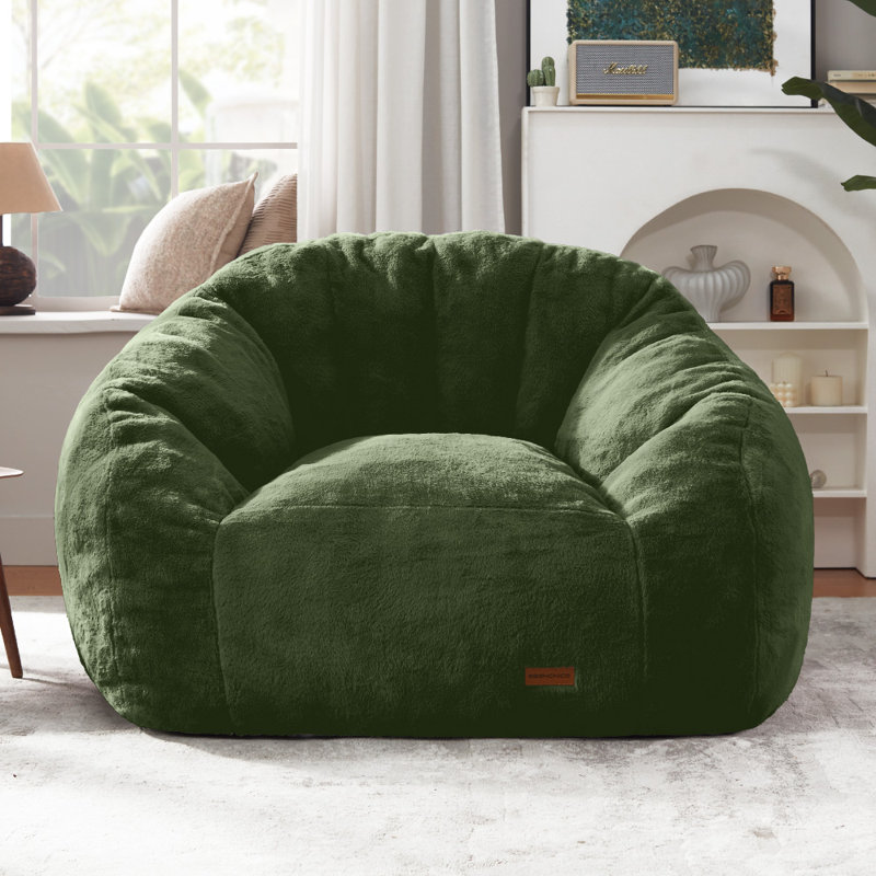 Shell-Shaped Faux Fur Bean Bag Chair, Seashell Design Beanbag Sofa for Living Room & Bedroom, Green Faux Fur