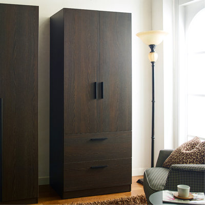 Armoire en bois à deux portes avec deux tiroirs et barres de suspension