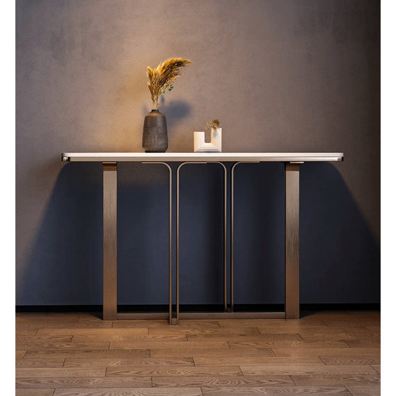 Console de hall d'entrée en métal fritté en métal moderne de luxe moderne, H 33,46 po x l 55,12 po x P 13,78 po, Blanc / Gris