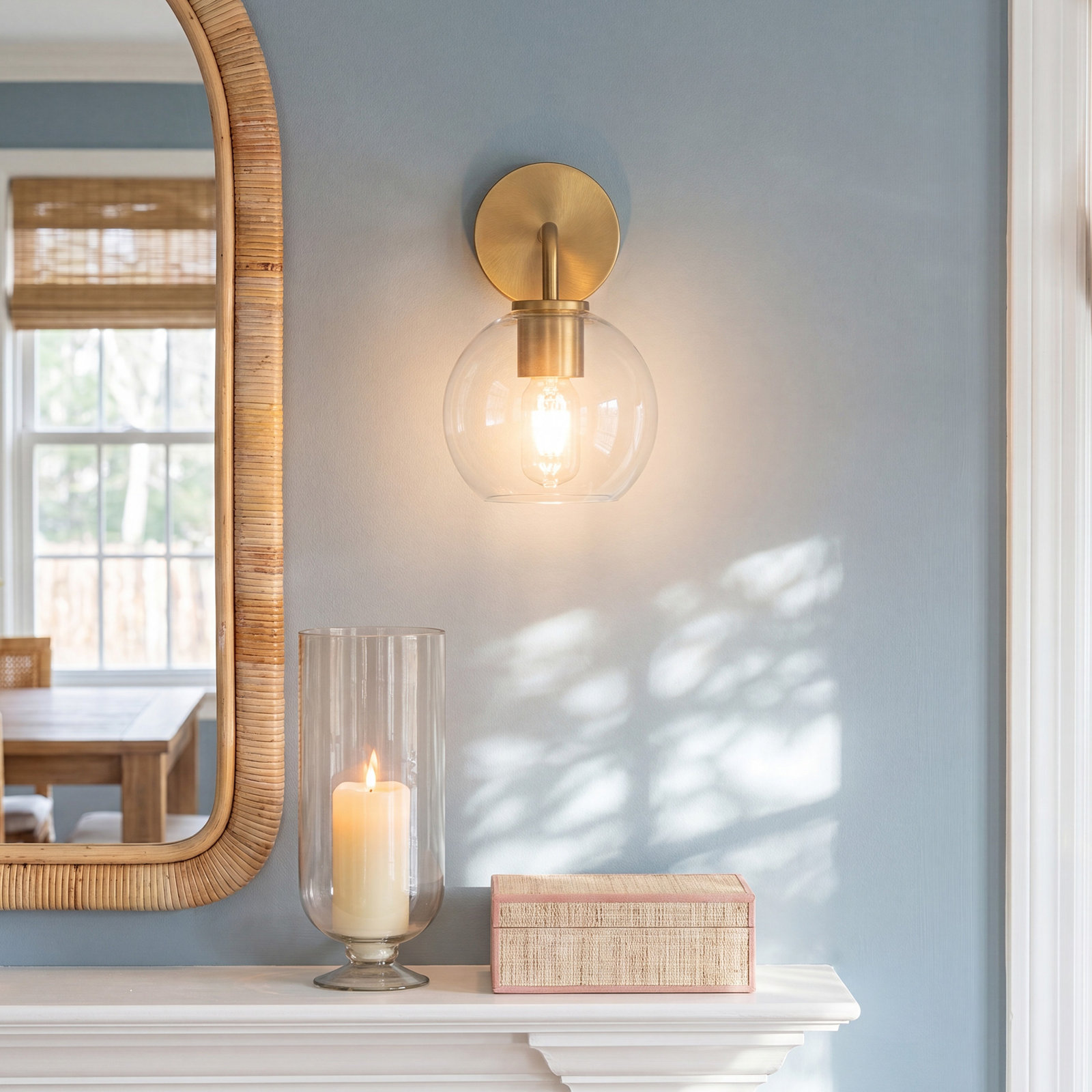 Childerley Single Light Glass Dimmable Armed Sconce, Satin Brass, Clear