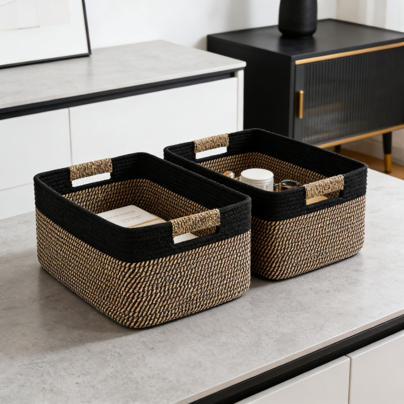 Grand panier de rangement tissé en paquet de 2 avec poignées, bac de rangement en corde de coton pliable pour tablettes, placard, cuisine, jouets et rangement