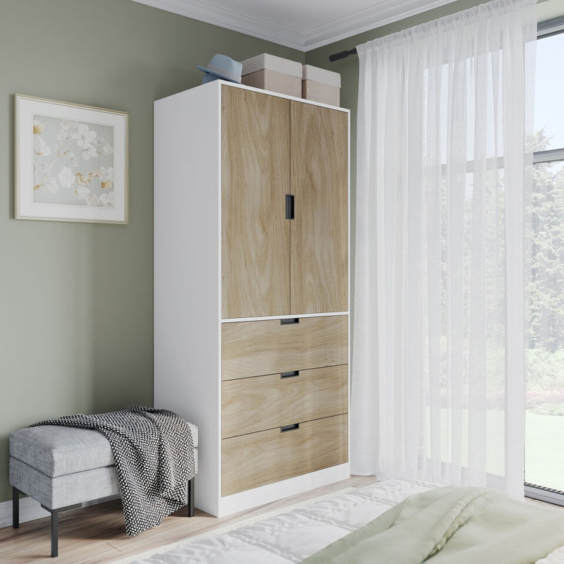 Stephy Solid Wood Wardrobe, White/Oak