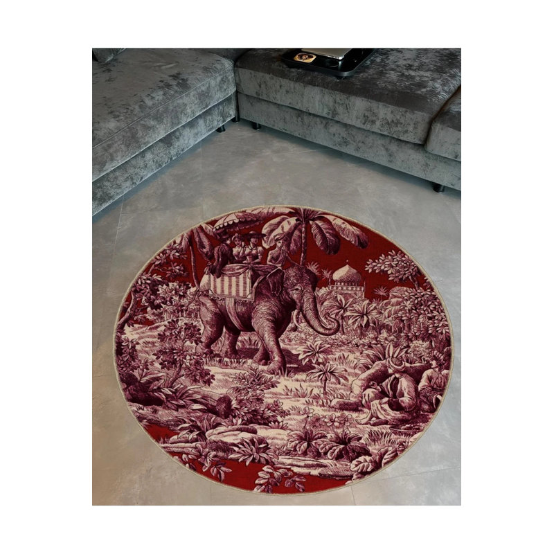 Burdy Tone Ancient Age Theme Elephant And People Patterned Round Woven Base Modern Decorative Carpet, Round 4'