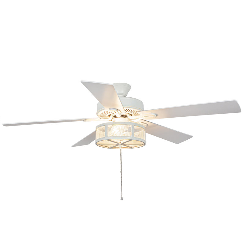 52" 5 - Blade Farmhouse White Ceiling Fan with Pull Chain and Light Kit Included