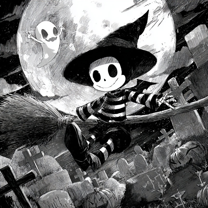 Art mural sur toile Skeleton Broomstick, H 30 po x l 30 po