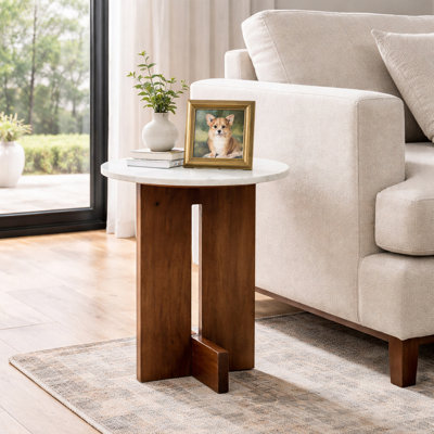 Round Marble Accent Side Table With Interlocked Wooden Base For Living Room Decor - Modern Narrow End Table For Sofa Or Bedroom - 22", White & Brown
