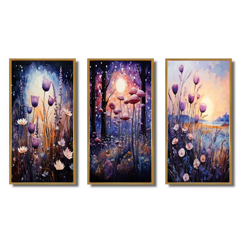 «Purple Thistle Symphony», 3 pièces sur toile, H 40 po x l 20 po, Encadrement doré