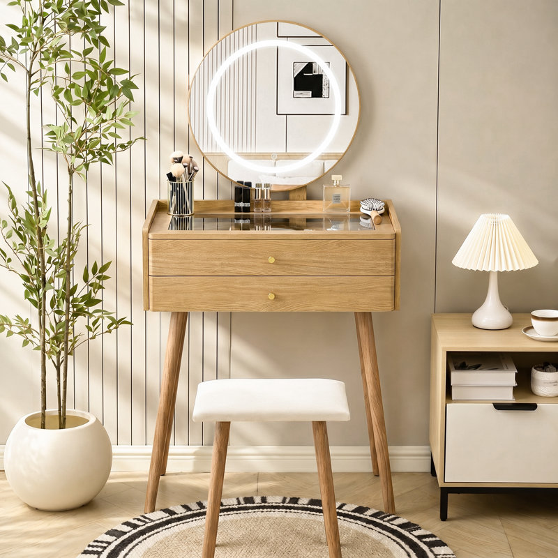 Petit bureau de meuble-lavabo avec miroir lumineux et tabouret 3 modes, meuble-lavabo compact avec rangement à 6 grilles