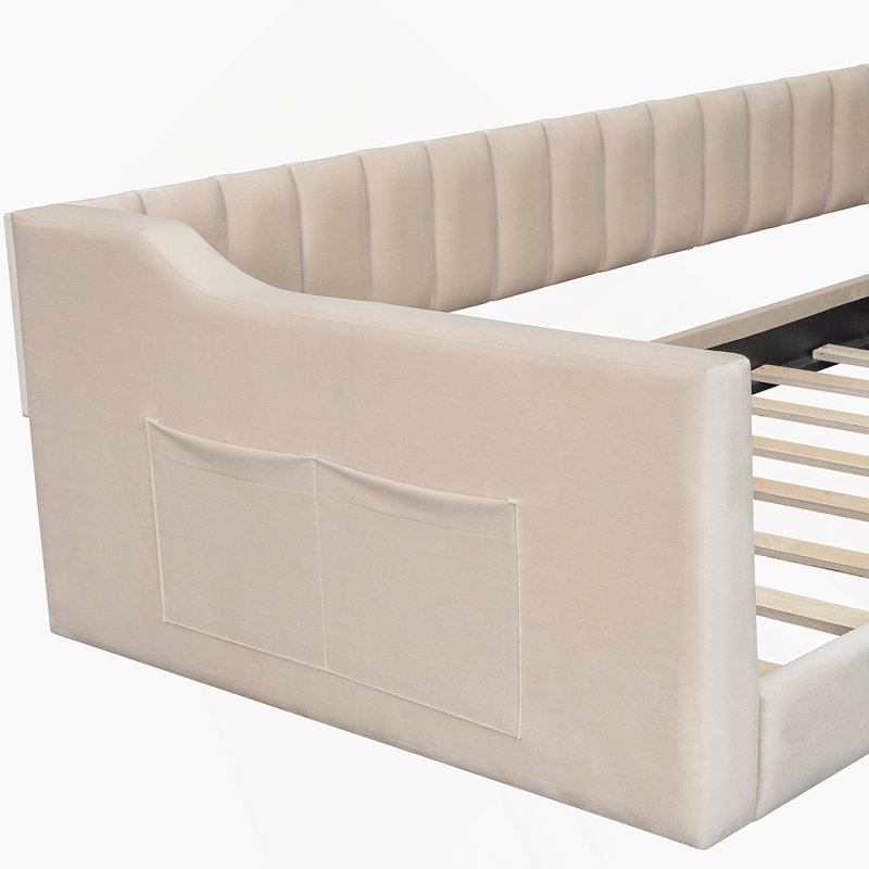 Lit de jour simple rembourré de taille très grande avec pochette de rangement latérale, beige (heure d’arrivée prévue: 1,7)