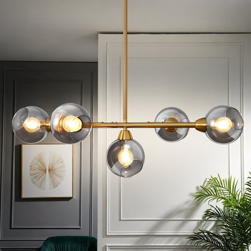 Lustre en verre à 5 lumières à intensité variable avec éclairage linéaire moderne pour îlot de cuisine, Grey