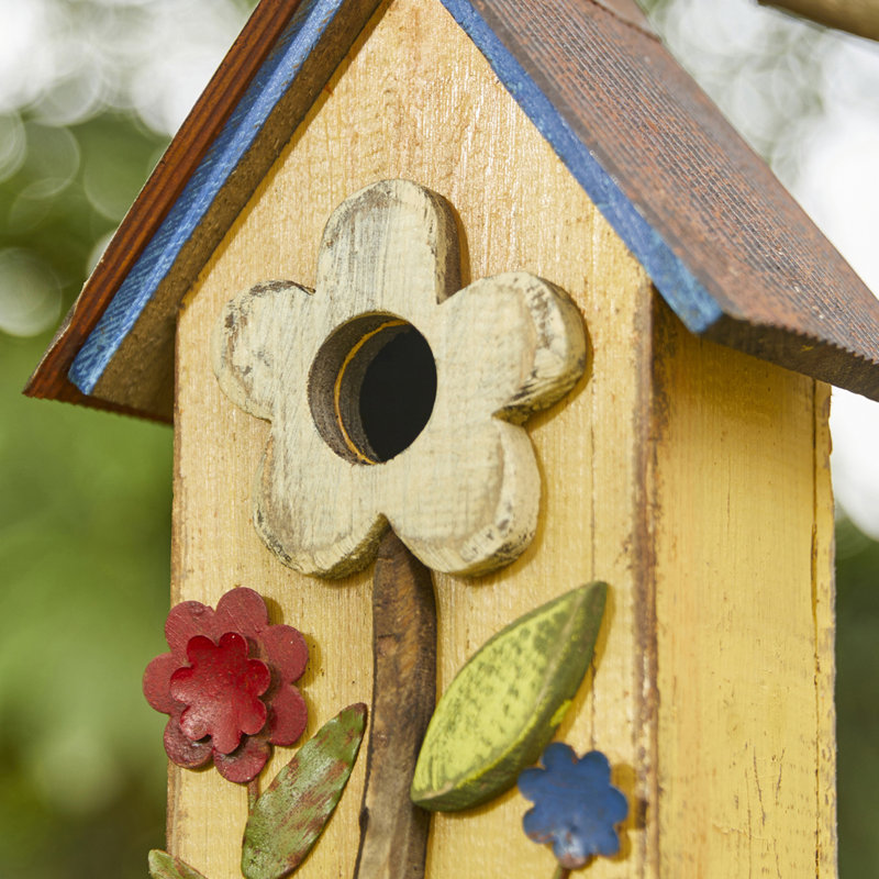 Yellow Distressed Solid Wood Birdhouse with 3D Flowers