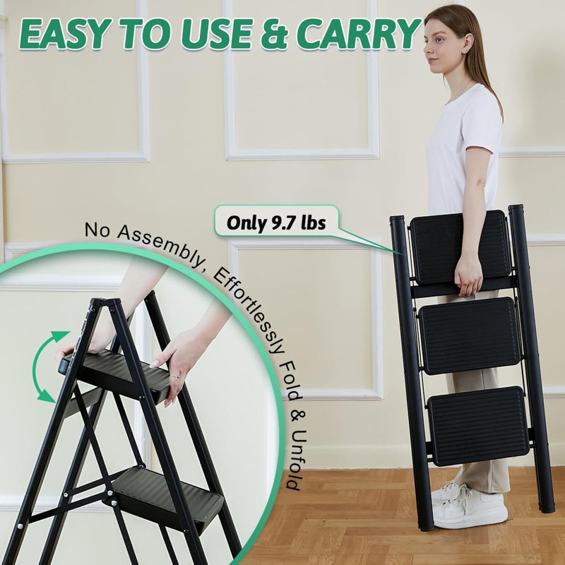 3 Step Ladder Folding Step Stool, 330 Lbs Load Heavy Duty Step Ladders, Small Kitchen/Closet Stepping Stool For Adults, Lightweight Foldable Indoor Ladders For Home With Wide Pedal White