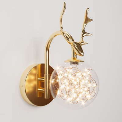 1 Pack Modern Gold Deer Antler Wall Sconce With Led String Lights, Glass Globe Light Fixture For Bedroom & Living Room