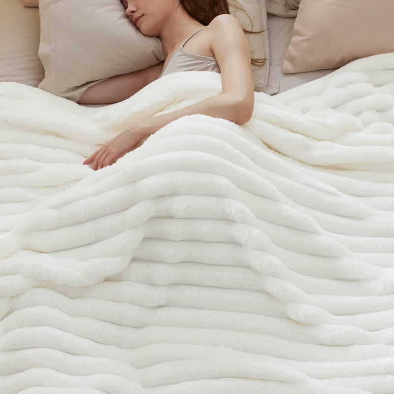 Bedsure 349gsm Blanket For Couch - Super Soft Cozy Blankets, Cute Small Fleece Blanket, Wider Striped Design, White, King