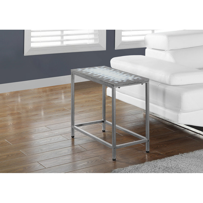 Table d'appoint, côté, bout, table de chevet, lampe, salon, chambre à coucher, carrelage bleu, métal gris, transitionnel