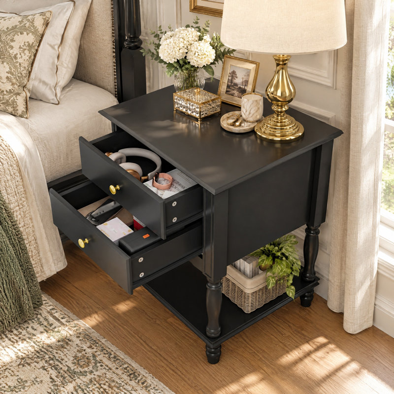 Classic 2-Drawer Nightstand with Open Shelf and Turned Legs, Black