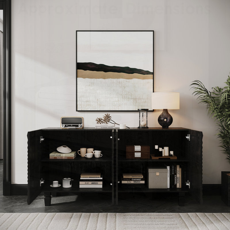 Buffet moderne avec 4 portes Sunburst, armoire de rangement avec pieds en bois massif, parfait pour les meubles élégants et fonctionnels dans n'importe quelle pièce