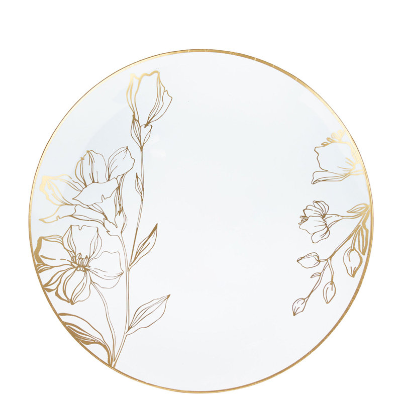 Assiettes en plastique blanches rondes de 9 pouces Ecoqualité avec motif floral doré antique pour 120 invités