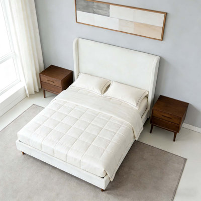 Structure de lit avec tête de lit haute, revêtue en chenille de qualité supérieure, style minimaliste et rétro, aucun sommier tapissier requis, assemblage facile, ivoire