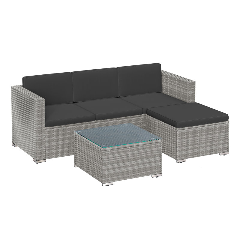 Garden Furniture Set, PE Rattan Patio Furniture Set, Outdoor Corner Sofa Couch, Handwoven Rattan Patio Conversation Set, With Cushions And Glass Table