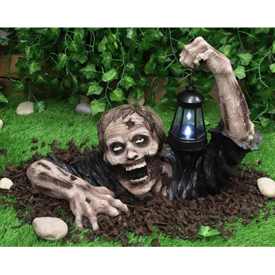 Ebros Large Dramatic Head Shot Impaled Zombie Crawling Out Of Grave Statue With Hanging Solar LED Lantern Light In Hand Dead Rising 18"L Decaying Flesh Walker Zombies Ossuary Macabre Decor Figurine