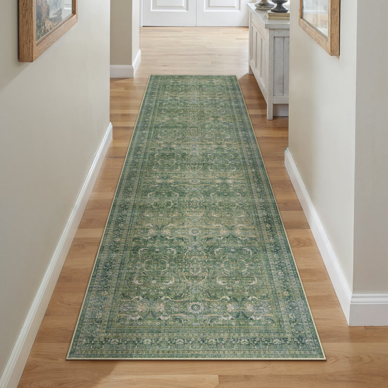 Machine Washable Vintage Floral Area Rug With Non-Slip Rubber Backing, Runner 2' x 8'