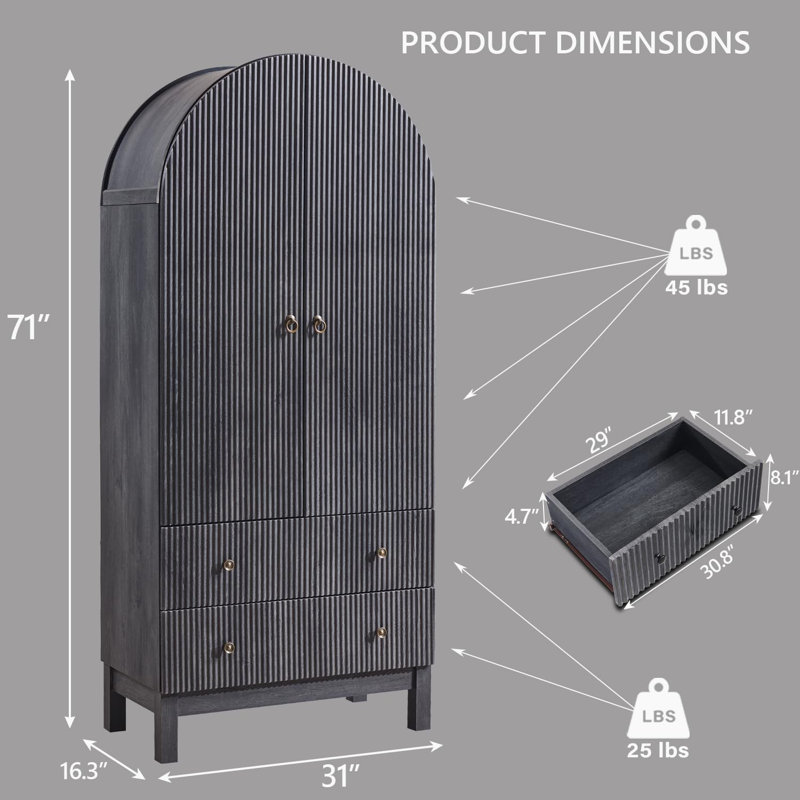 71" Tall Arched Pantry Cabinet, Fluted Kitchen Storage Cabinet with Adjustable Shelves and 2 Large Drawers, Gray