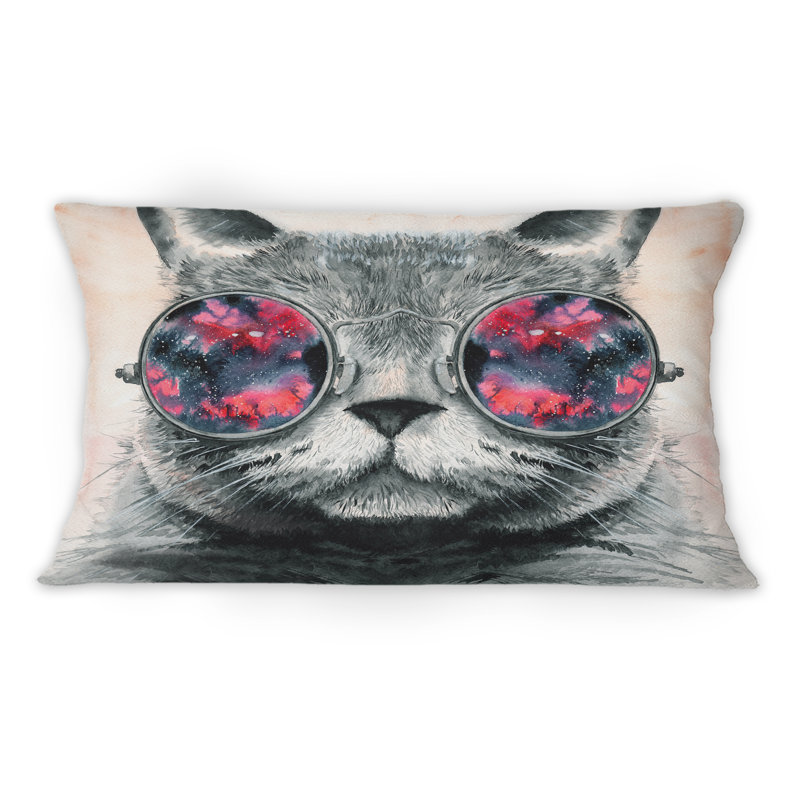 Chat gris moelleux dans des verres ronds hippie III - Coussin décoratif imprimé moderne 1