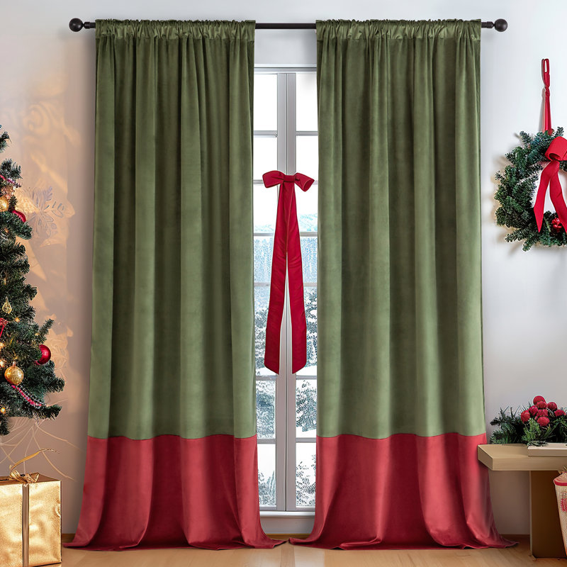 Lauier Velvet Room Darkening Curtain Pair, 52" W x 108" L, Green/Red
