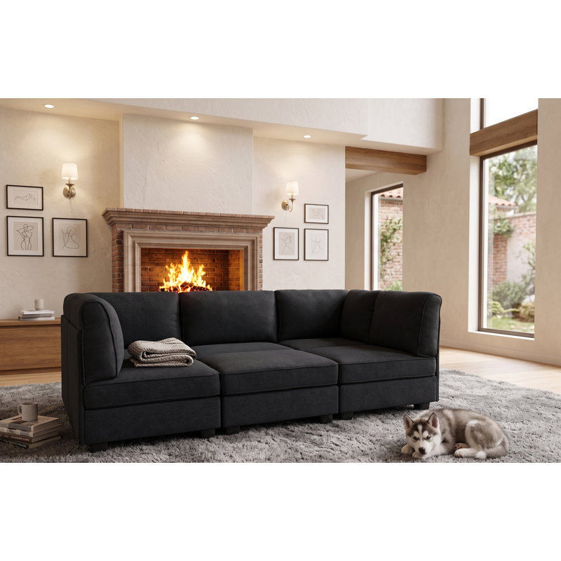 Canapé modulaire large avec repose-pieds, Mélange de polyester noir