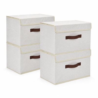 4 Pack Fabric Storage Bins with Lids, Foldable Cloth Boxes with Handles, Beige Closet Organizers, 15x10x10 in