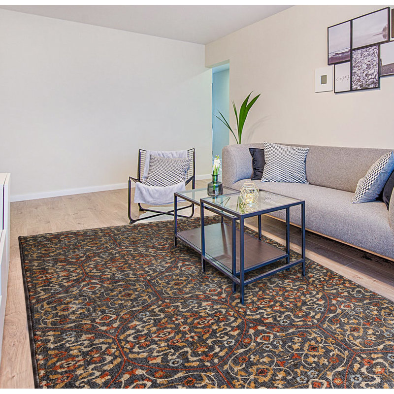 Tapis floral bleu marine, Rectangle 5 pi 3 po x 7 pi 6 po