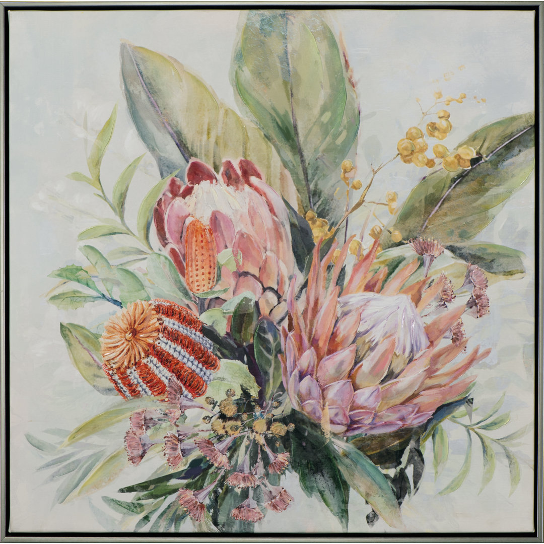 Pink Protea Flowers - Floater Frame Painting on Canvas