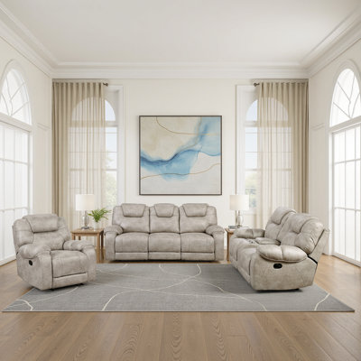 Yasminda Transitional Polished Microfiber 3-Piece Reclining Set with Gentle Gliding Motion, Center Storage Console & Pocket Coil Seating