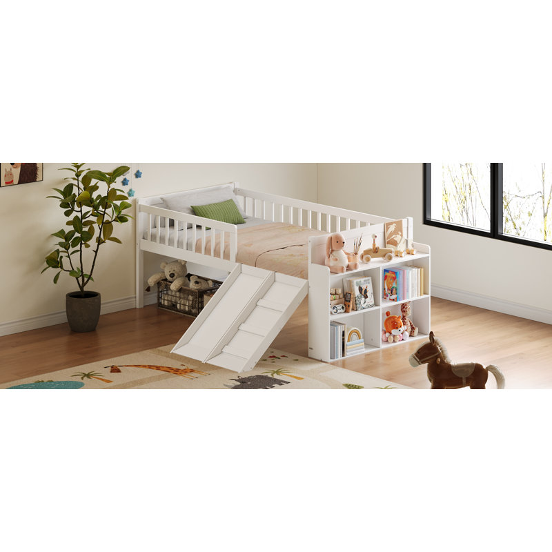Structure de lit moderne Maelis avec glissoire et tablette de rangement, Blanc