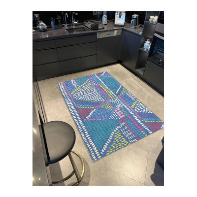 Pixel Blue Geometric Woven Base Washable Carpet