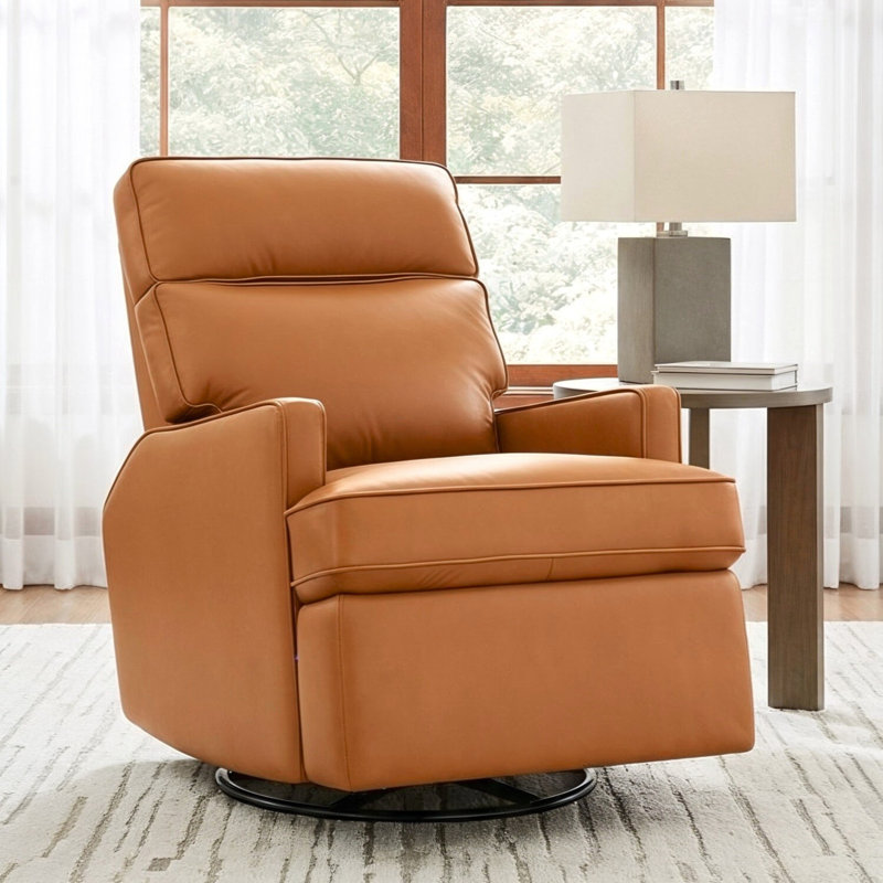 29.9" W Compact Top Grain Leather Power Swivel Rocker Recliner with USB-A and USB-C Charging, Tan