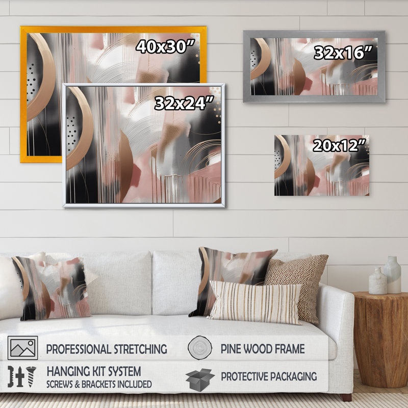 " Pink Rosegold Captivating Circle III ", Black Picture Framed, 12" H x 20" W