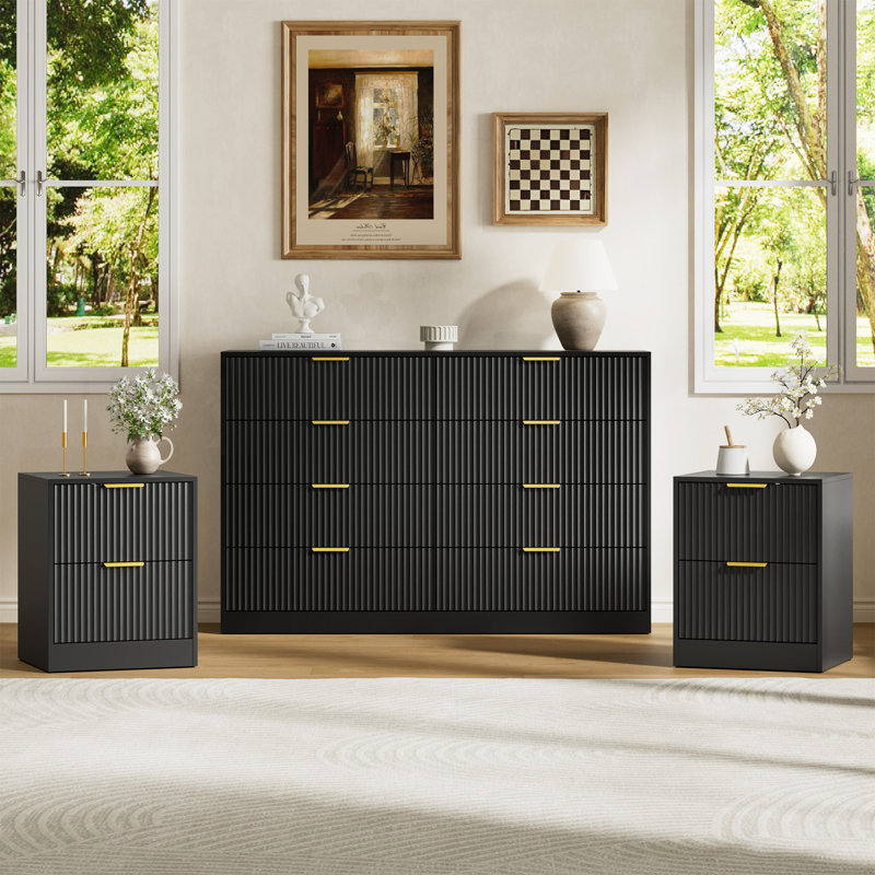 3-Piece 8-Drawer Dresser & 2-Drawer Nightstand Set, Black