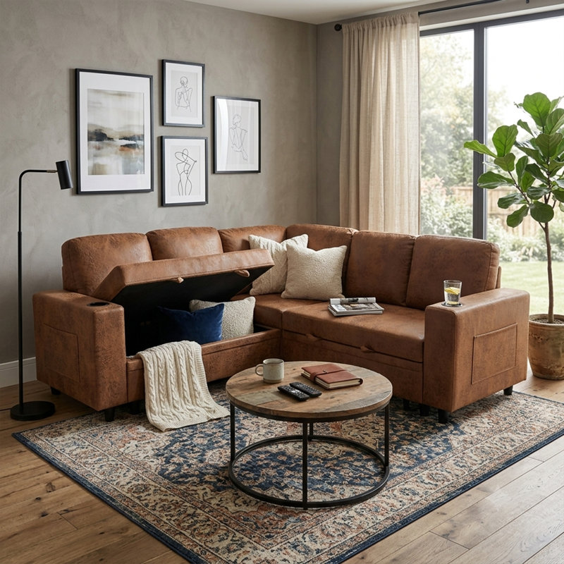 Canapé modulaire en similicuir caramel avec canapé-lit et porte-gobelets Symmetry, Polyester brun pâle