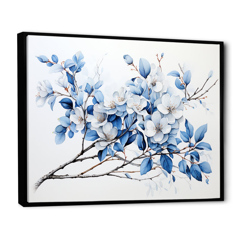 «Blue and Grey Leaves II», reproduction sur toile, Cadre flottant noir, H 30 po x l 40 po