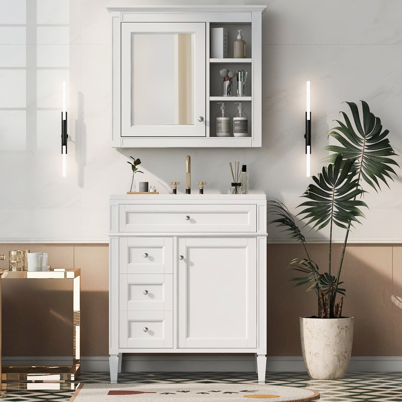 Meuble-lavabo de 30 po au look sophistiqué, 2 tiroirs, armoire à miroir, lavabo élégant et élégant, White