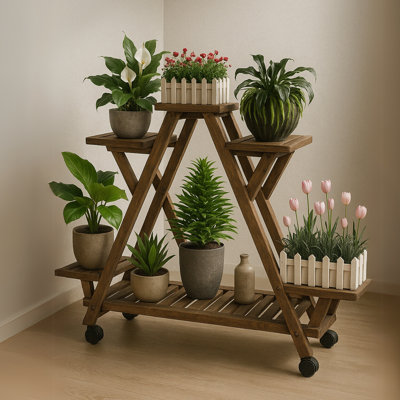 Nabilah Rayon Natural Wooden Plant Stand Indoor Outdoor Shelves with Wheels